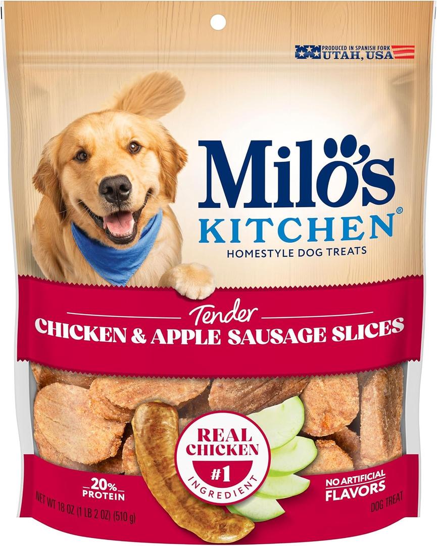 Milos Kitchen Chicken & Apple Sausage Slices Dog Treats, 18 Oz. Bag (EXP 08/23/26)