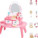 TOOKYLAND Toddler Princess Vanity Play Toy Set, Kids Toy Vanity Wooden Makeup Table for Little Girl - with Makeup Accessories and Mirror