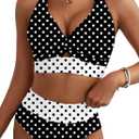 Herseas Women's Black Bikini Sets Twist Knot Cutout Top Swim Suits High Waisted Full Coverage Bathing Suit Sporty 2 Piece Sets Summer Beach Vacation Outfits Black with White Dots Medium