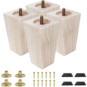 Furniture feet Table Legs Couch Legs Unfinished Square Bed Feet 4 inch Wood Replacement Leg for Furniture Set of 4, Natural (4set, 4in)