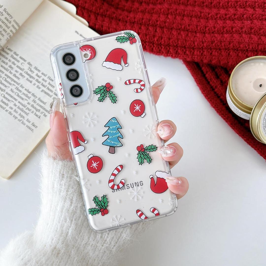 RALEAVO for Samsung Galaxy S21 5G Christmas Case Clear Cute Winter Holiday Case for Women Girls Kids with Hats Bells Slim TPU Silicone Shockproof Protective Transparent Phone Cover,White Snowflakes