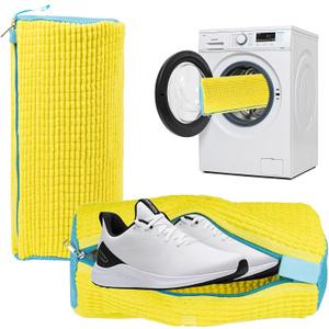 2 x Yuoyar Shoe Washing Machine Bag - Fluffy Fibers Shoe Laundry Bag for Washer and Dryer - Adjustable Shoe Bag for Washing Machine (1, Yellow and Blue)