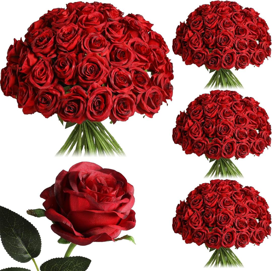 Nubry 50pcs Artificial Burgundy Roses Bulk, Fake Red Roses Flower with Stems Realistic Flowers for Wedding Centerpiece Home Party Decor(Burgundy)