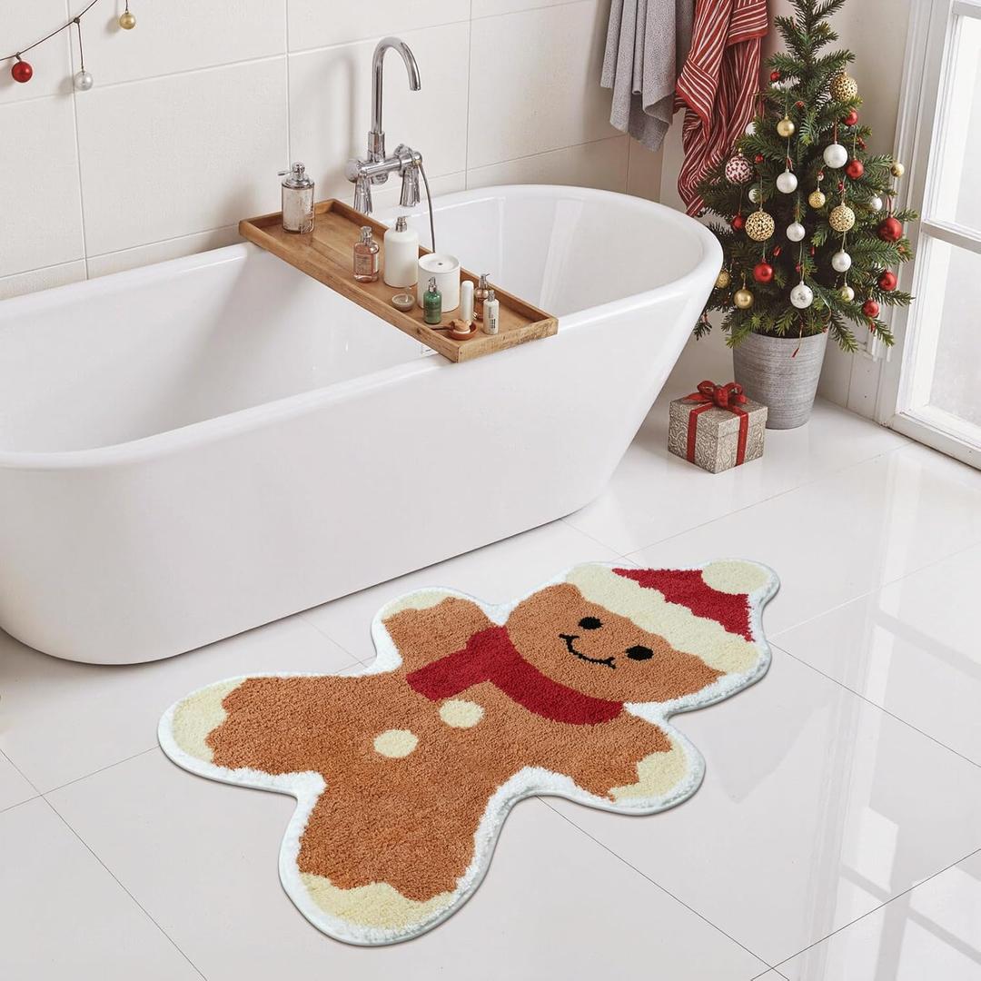 Christmas Gingerbread Man Bath Mat 38x24, Christmas Bathroom Decor, Absorbent Cute Christmas Bathroom Rug Soft Plush, Non Skid Christmas Rugs Machine Washable, Holiday Bathroom Mats for Bathtub Sink