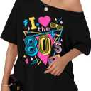 80s Shirts for Women Oversized Retro Off The Shoulder Top Disco 80s 90s Theme Party Outfit (Black, L)
