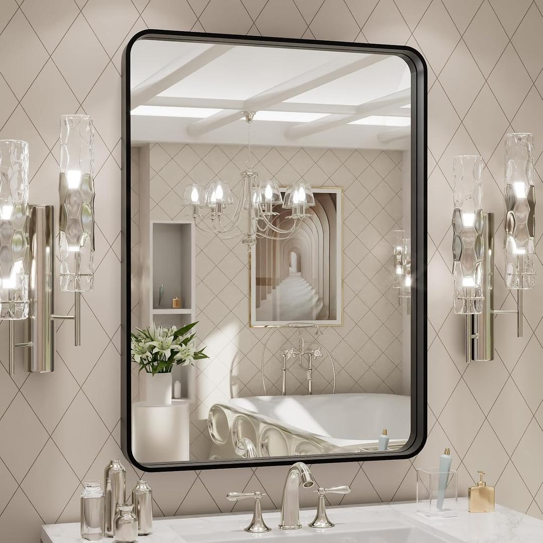 LOAAO 24X32 Inch Black Metal Framed Bathroom Mirror for Wall, Matte Black Bathroom Vanity Mirror Farmhouse, Large Rounded Rectangle Mirror, Anti-Rust, Hangs Horizontally or Vertically