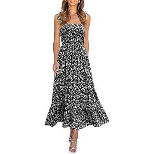 Imily Bela Womens Summer Dress Tie Strap Boho Floral Square Neck Smocked Ruffle A Line Beach Maxi Dresses, Size: Small Imily Bela Womens Summer Dress Tie Strap Boho Floral Square Neck Smocked Ruffle A Line Beach Maxi Dresses, Size: Small
