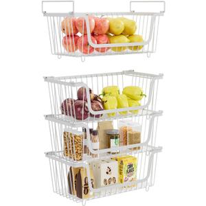 4 Pack Stackable Wire Baskets with Handles for Pantry Organizers and Storage, Fruit and Vegetable wire storage baskets, Potato and Onion Storage Bin, Metal Baskets for Organizing Snacks, Cans (White)