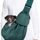 SlowTon Dog Carrier Sling - Thick Padded Shoulder Strap Adjustable Dog Carriers for Small Dogs, Puppy Carrier Purse for Pet Cat with Front Zipper Pocket Safety Belt Machine Washable (Green M) (I-Green Cotton Fabric)