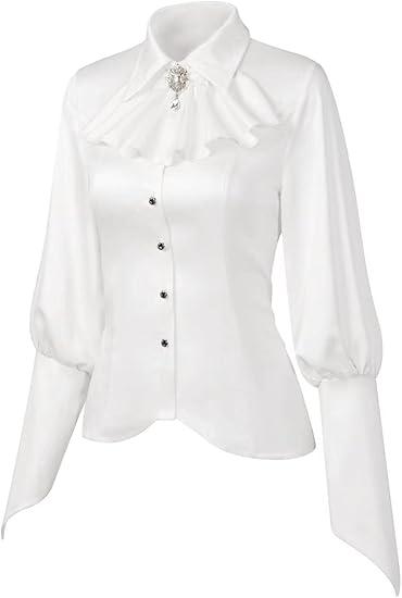 Women's Fashion Shirt Elegant Vintage Gem Brooch Ruffled Long Sleeve Blouse Medium