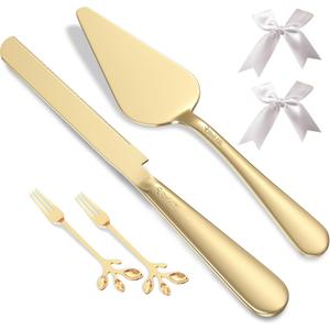 Wedding Cake Cutting Set, Elegant Gold Cake Cutter and Cake Server with Bonus Forks & White Bows, Extra Thick Stainless Steel Cake Knife and Server Set for Anniversary, Birthday, Baby Shower (13 Inch - Wedding Style)