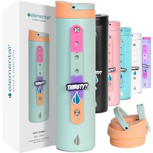 Elemental Iconic Kids Water Bottle with Straw Lid & Charms Strap, Leak-Proof When Closed, Triple Insulated Stainless Steel Reusable Water Bottle - 20oz, Mint Sorbet