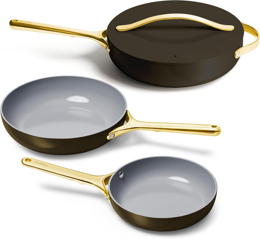 Caraway 4-Piece Fry Pan Set - Non-Stick Frying Pans (10.5 & 8) & Non-Stick Saut Pan - Non Toxic, PTFE & PFOA Free - Oven Safe & Compatible with All Stovetops (Gas, Electric & Induction) - Black