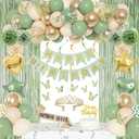Ouddy Life Sage Green Birthday Party Decorations, Happy Birthday Banner Gold Heart Star Foil Balloons Paper Pompoms Fringe Curtain Cake Topper Crown, Neutral Birthdays Decorations for Women Girls