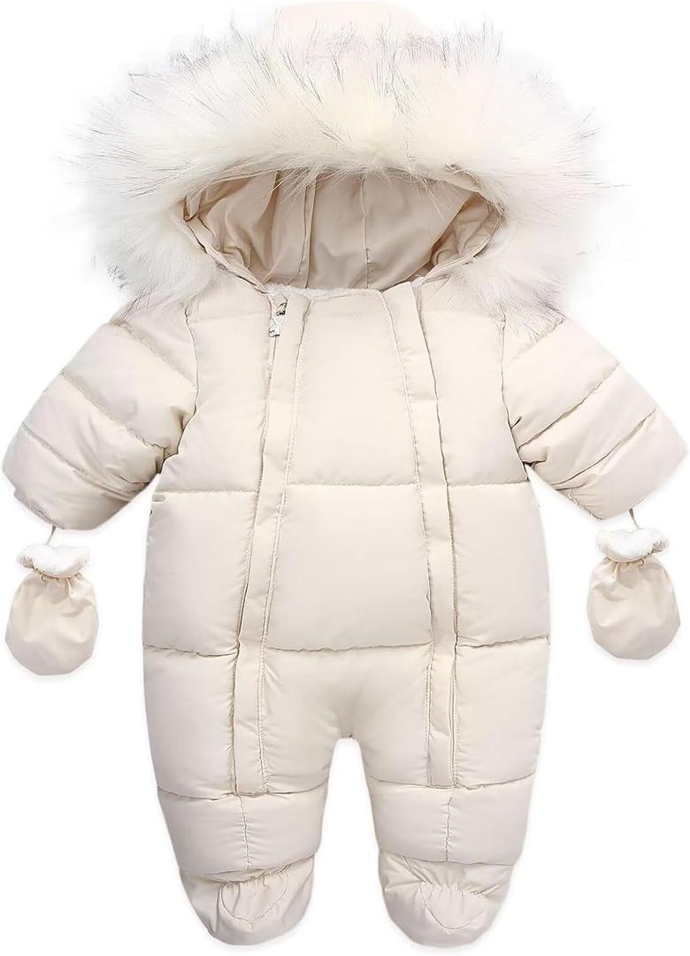 Baby Girl Boy Snowsuit Cute Down Jacket Hooded Romper Light Puffer Padded Jumpsuit Infant Winter Outwear (0-6 Months, Beige)