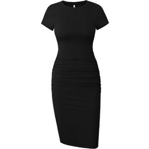 Missufe Women's Short Sleeve Ruched Casual Sundress Midi Bodycon T Shirt Dress (X-Large, Black)