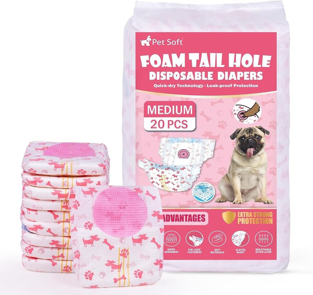 Pet Soft Disposable Dog Diapers - Female Dog Diapers with Adjustable Foam Tail Hole, Ultra Protection Puppy & Cat Diapers Wetness Indicator for Dogs in Heat or Incontinence, 20pcs (M,Red)