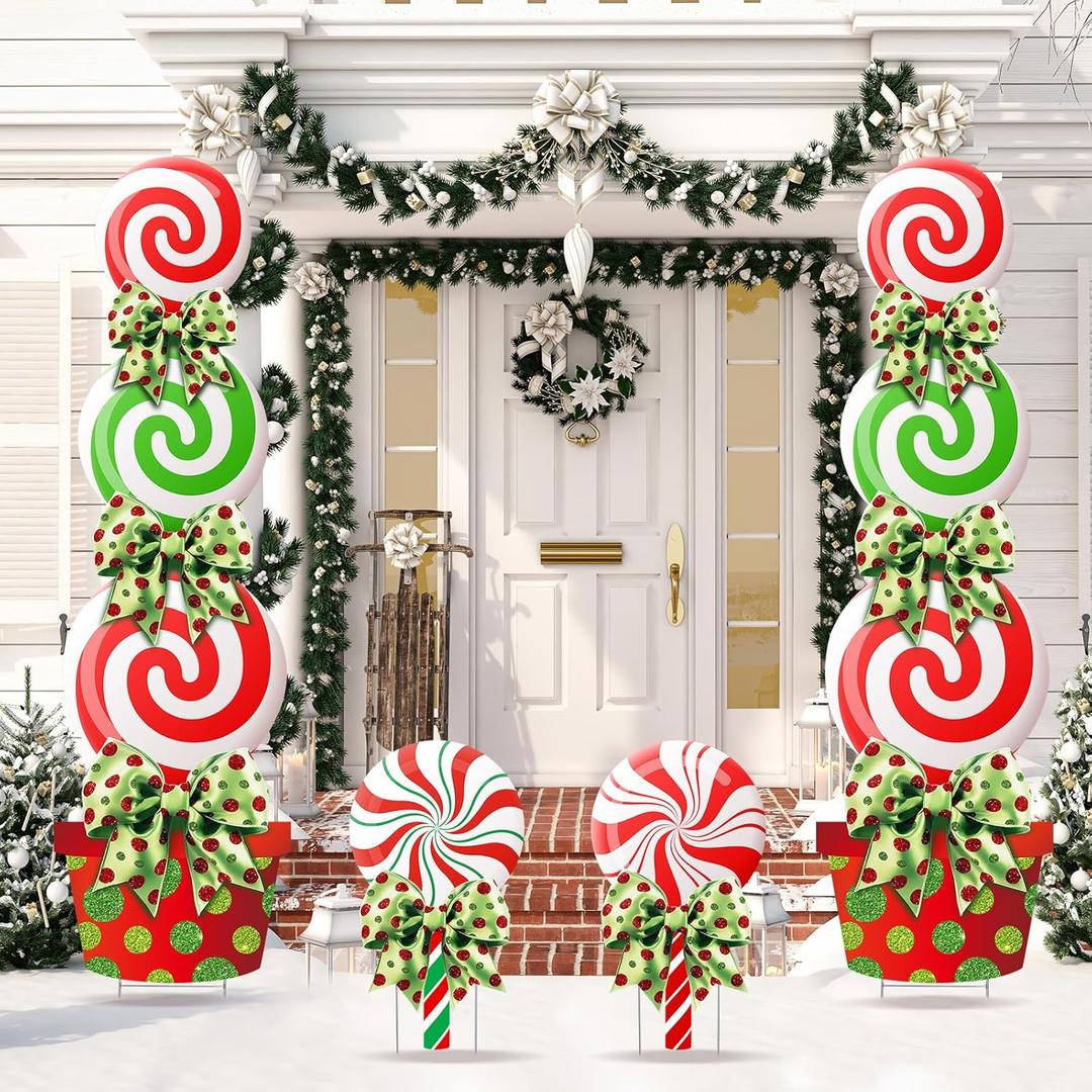 Meonum 4 Pcs Peppermint Candy Christmas Decorations Outdoor Large Christmas Yard Stakes Lime Green and Red Xmas Candy Garden Lawn Signs with Stakes and Bow for Home Pathway Walkway Party Decor (Red)