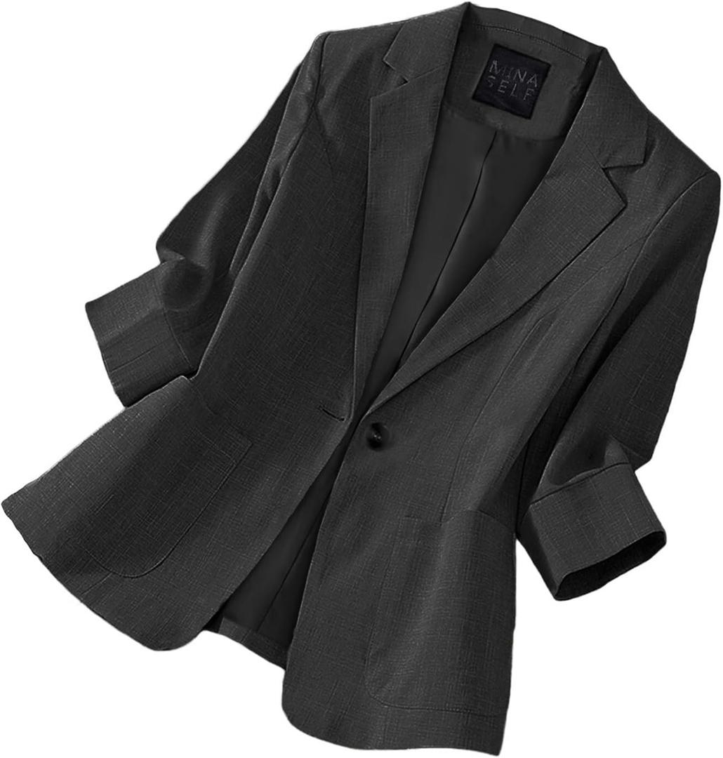 Mina Self 2026 Summer Women's 3/4 Sleeve Linen Blazer - Lightweight Breathable Lined Button Casual Work Office Jacket Pockets (XXL)