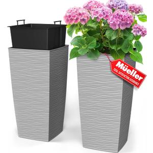 Mueller M-Resin Heavy Duty Tall Planters for Outdoor Plants, Indoor Grande Plant Pots, Boxes, Trees, Flower Pots, 2-Piece Set, 24, Modern Design, Built-in Drainage, Front Porch Decor, Light Gray (24 x 11.5", Light Grey)