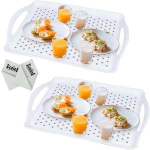 LONEA Non Slip Food Serving Tray with Handles, 2-Pack Rectangle Anti-Slip Non-Toxic Dishwasher Safe Tray for Snack Fruit Dessert Breakfast Drink Come with 2pcs Cleaning Cloths White (16.7"L x 11.5"W)