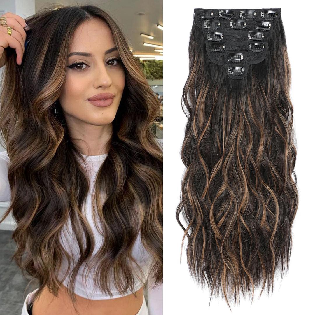 Clip in Hair Extensions, 6 PCS Natural & Soft Hair & Blends Well Hair Extensions, Dark Brown Long Wavy Hairpieces(24inch, 6pcs, Black with Brown Highlights)