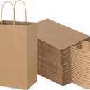 Toovip 100 Pack 5.25x3.25x8.25 Inch Small Plain Brown Kraft Paper Bags with Handles Bulk, Gift Bags for Favor Grocery Retail Party Birthday Shopping Business Goody Craft Merchandise Take Out Sacks