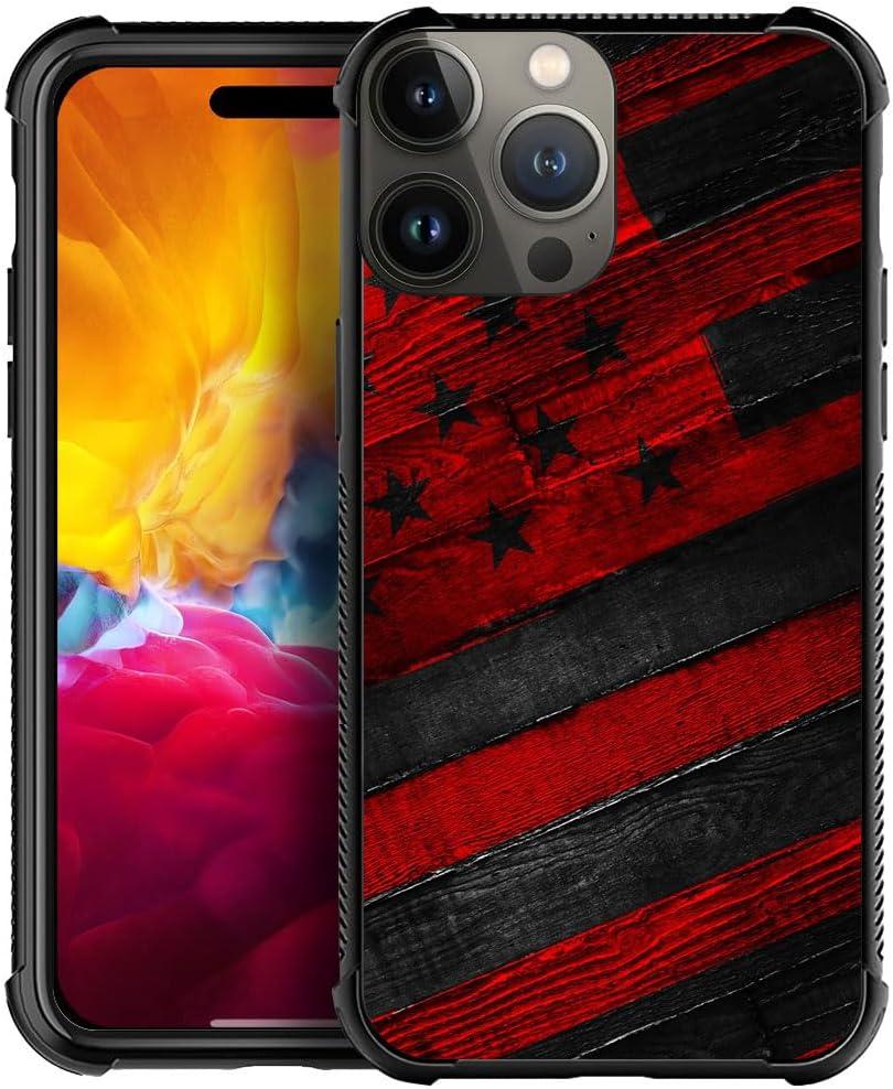 DJSOK iPhone 15 Pro Max Case, Black red Wood Grain American Flag, Bumper, TPU, Anti-Scratch, Reinforced Corners, for Men & Women