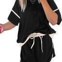 EVALESS Women's 2 Piece Sets Summer Casual Short Sleeve Tops Matching Drawstring Mini Skirt Going Out Lounge Outfits (Black)