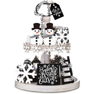 12 Pcs Winter Tiered Tray Decor Set Snowman Snowflake Table Wood Sign Farmhouse Tabletop Signs for Winter Home Table Holiday (Black White)