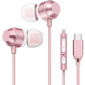 USB-C Earbuds Rose Gold, Type-C in-Ear Headphones Wired, Stereo Bass Pink Earphones with Micphone and Volume Control Compatible with iPhone 15, Samsung, Google Pixel Smartphones