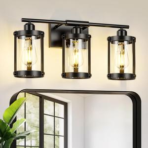 3-Light Black Bathroom Light Fixtures, 21 Inch Modern Bathroom Vanity Lighting Fixtures Over Mirror with Clear Glass and Metal Cage Wall Sconce Lights for Bath, E26, OS-3014BK-3W