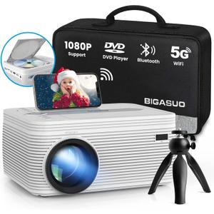 BIGASUO 5G WiFi Bluetooth Projector with DVD Player - 9000L Mini Portable DVD Projector with Tripod, 1080P, Carry Bag, Compatible with Phone, Lapto, HDMI, TV Stick