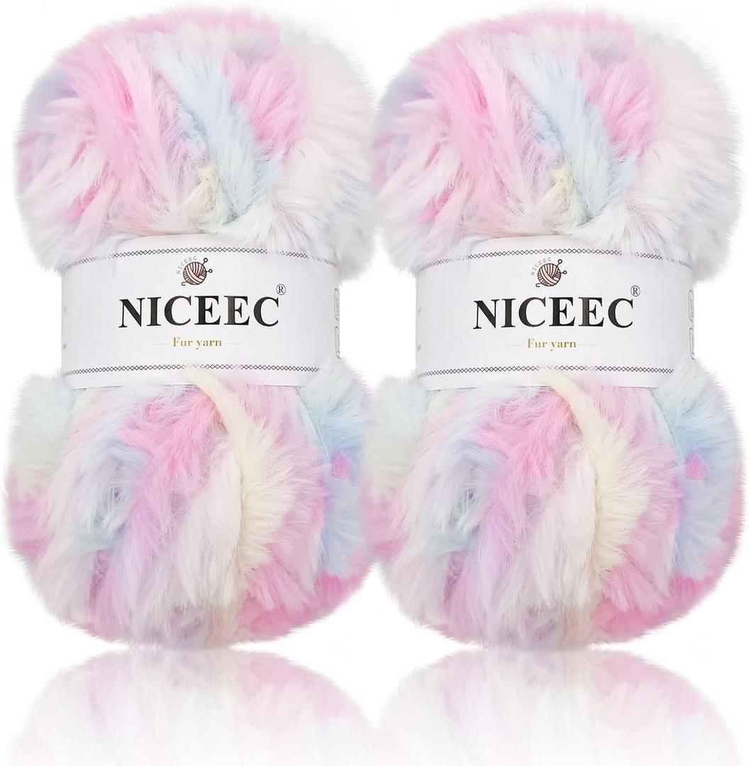 NICEEC 2 Skeins Faux Fur Yarn Super Soft, Chunky & Fluffy, Eyelash Yarn for Crochet & Knitting (Total Length 70yds,3.53oz) - Unicorn