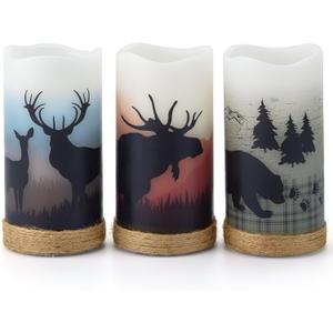 CANDLE IDEA 3PCS Battery Operated Real Wax Pillar Candles with Charming Deer,Moose, Bear Decals,Flameless Flickering LED Candles with Hemp Rope and 6H Timer,Rustic Home Decor for Christmas (D3 x H6)