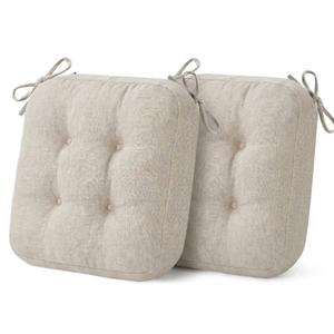 Dining Chair Cushions 2 Pack, Thick Memory Foam Kitchen Seat Pads | 3.5-inch triple-layer comfort, Non-slip backing, Secure ties, Removable washable covers, 16.5"x16.5" D-shaped, Beige