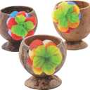 Fun Express Coconut Cups for Party 12 Pack - Natural Coconut Shell Cups with Colorful Flowers | Hawaiian Luau Party Supplies & Tiki Party Decorations | Tropical Theme Favor Holders for Candy Buffet
