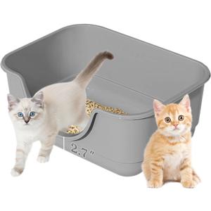 Low Entry Small Litter Box for Kittens, Kitty Plastic Litter Boxes, Open Top, Anti-Splash High Sided Litter Tray Pan for Medium Pets, Puppy, Easy to Clean, 15.7" L*11.8" W*6.7" H (Grey)