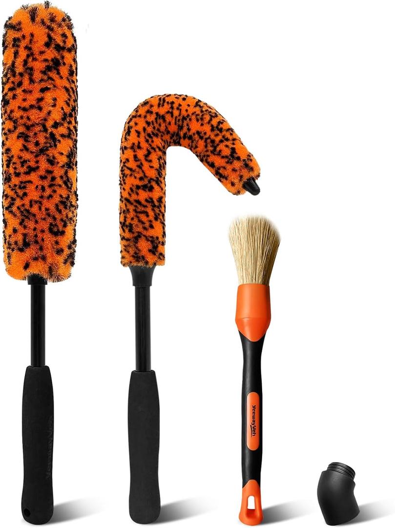 YeewayVeh 3PCS Quick Car Wheel Brush Kit, 2-Size 360 Bendale Rim Cleaner Brushes, Boars Hair Detailing Brush, Fast Scratch-Free Cleaning for Car Wheels, Motorcycle, Orange