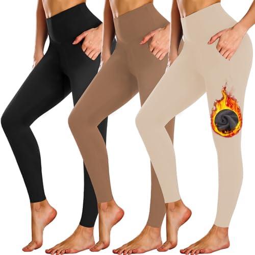 NEW YOUNG 3 Pack Fleece Lined Leggings with Pockets for Women,High Waisted Thermal Warm Winter Yoga Pants L-XL