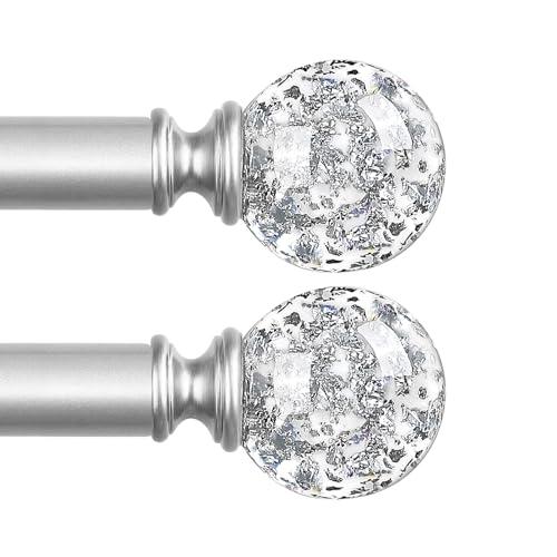 TVWOO Silver Decorative Crystal Curtain Rods 2 Pack:18-45"Heavy Duty Adjustable Window Curtains Rods for Bedroom Living Room,Nickel Modern Girly Acrylic Drapery Rod Set with Sheer Bling Foil Finials