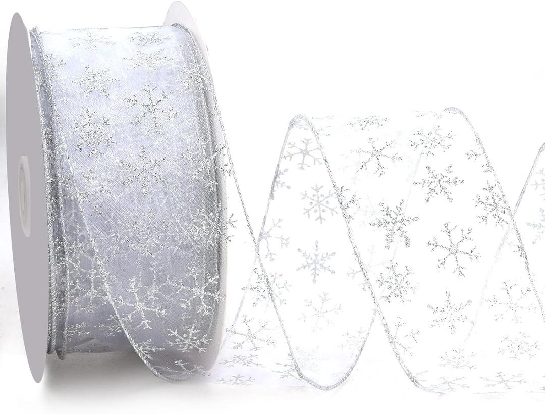 LaRibbons Snowflake Glitter Sheer Ribbon 2.5 Inches 50 Yards White Sheer Wired Ribbon for Christmas Tree Garland, Winter Wreath Bows, Gift Wrapping, Home Decor