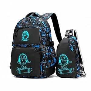Skateboard Anime Luminous Backpack School Backpack with USB Charging Port for Teen Boys, College School Bookbag Lightweight Laptop Bag with Sling Bag Set, Blue