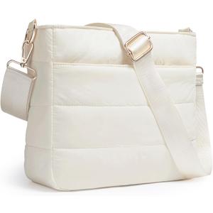 Cross Body Purses for Women Lightweight Quilted Puffer Tote Bag Casual Hobo Nylon Shoulder Handbag Travel (Off-white)