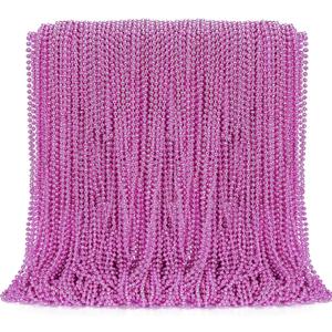 EOBOH 144PCS Bead Necklace, Metallic Pink Mardi Gras Rose Necklaces Bulk, 33" Mardi Gras Round Beaded Necklace Stuff, Festival Parade Throw Accessories Wedding Gender Reveal Party Supplies Decor