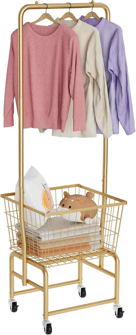 Rolling Laundry Cart with Wheels, Laundry Hamper Basket Organizer with Clothes Hanging Rack, Wire Storage Cloth Shelf Butler, Golden, 23 x 19 x 2.73 inches
