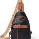 7L Sling Bag For Women Men Backpack Fanny Pack Crossbody Chest Travel Shoulder Belt Bags Purse Handbag PU Leather (Black W/ Brown Trim)