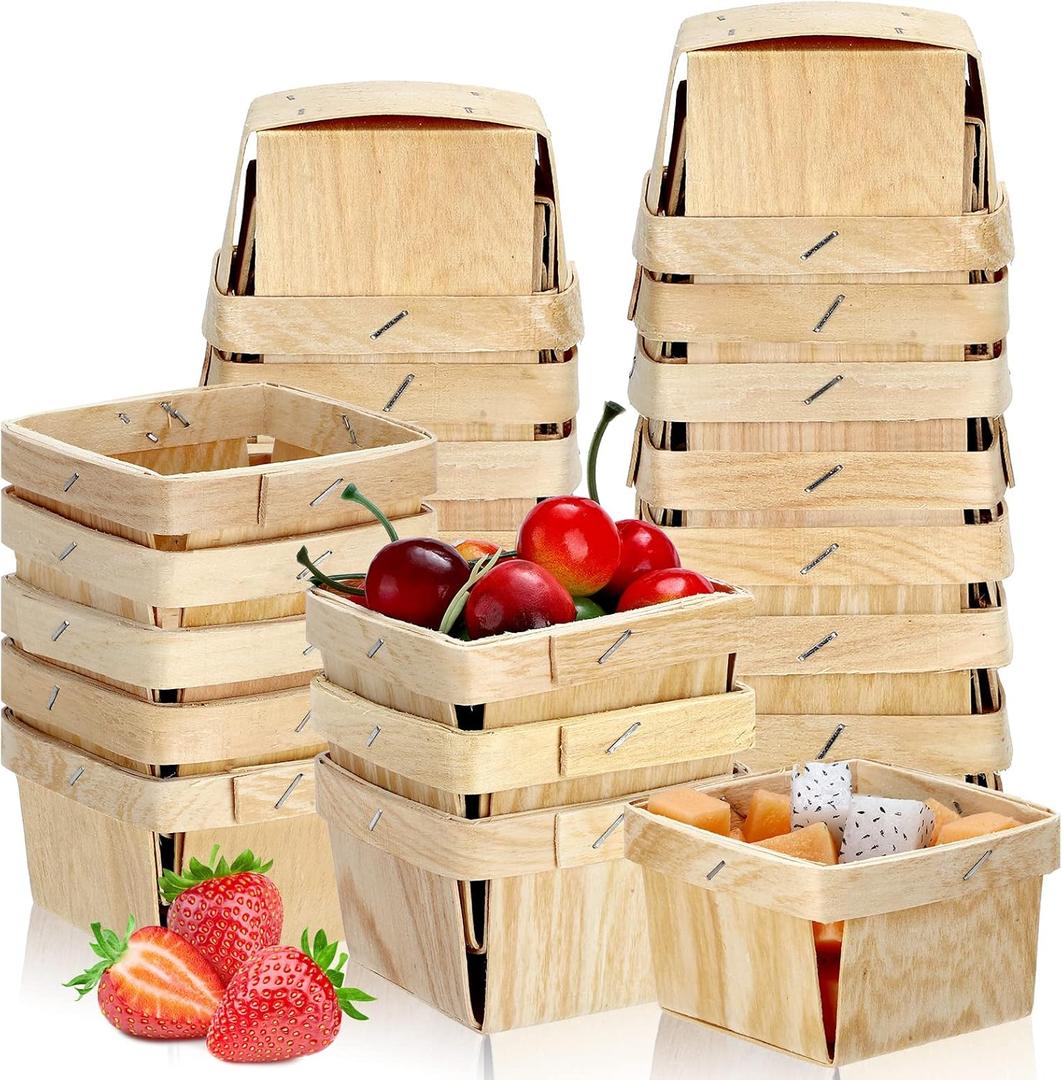 Hoolerry 25 Pieces 1/2 Pint Wooden Gift Baskets 3 x 3 x 2.2 Inch Square Vented Wood Boxes Mini Berry Basket Bulk for Fruit Picking Arts Crafts and Party Decor Wedding Gift