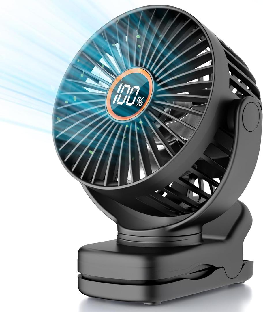 Mini Clip on Fan, Battery Operated Desk Fan, Digital display3 Speeds Adjustable, Bidirectional 360  Adjustable, Super Strong Wind, Portable Fan for Home Office Stroller Camping Black