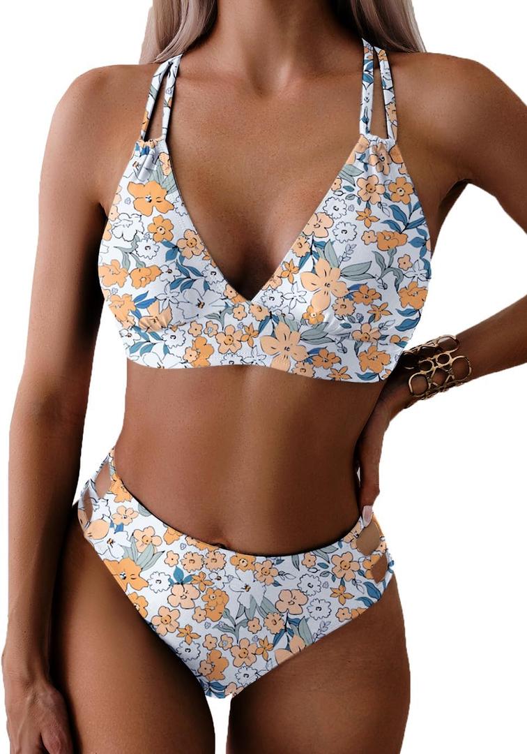 Tainehs Women's Push Up V Neck Bikini Sets Criss Cross Back Two Piece Bathing Suit, Large, Yellow Floral